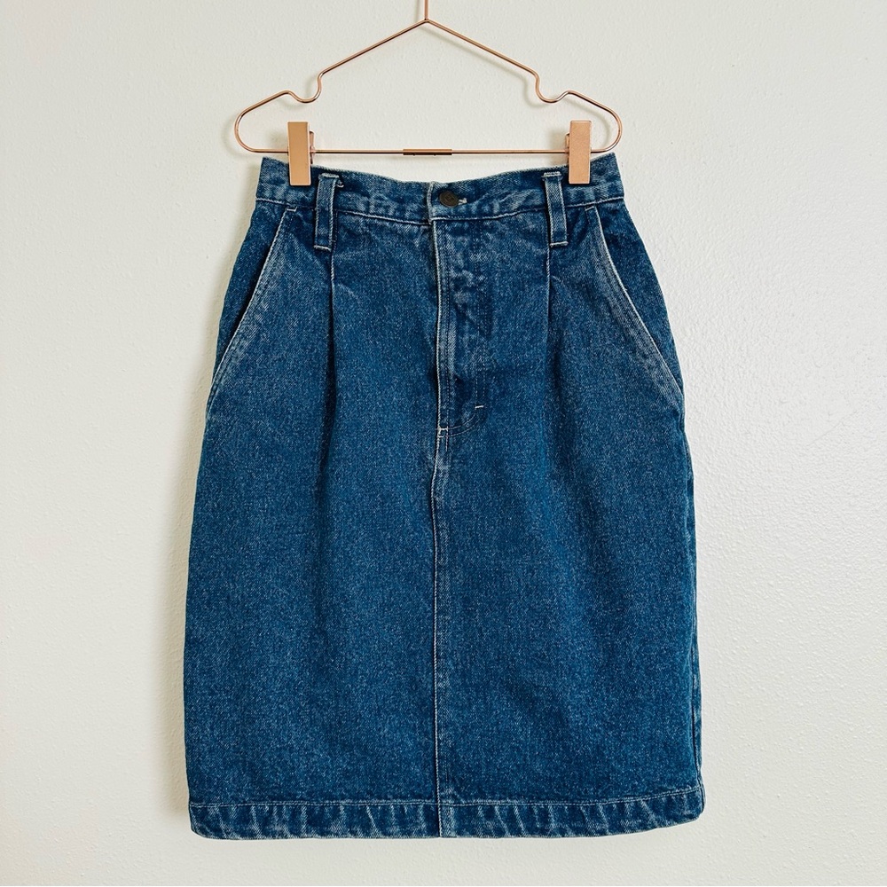 Vintage Classic Pencil Denim Skirt Front Pleated Knee Length - Picture 5 of 8
